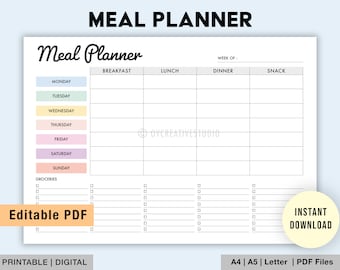 Editable Weekly Meal Planner, Grocery List | Printable, Digital | Meal Prep | Grocery List Template | Health Planner, Fitness | Digital PDF