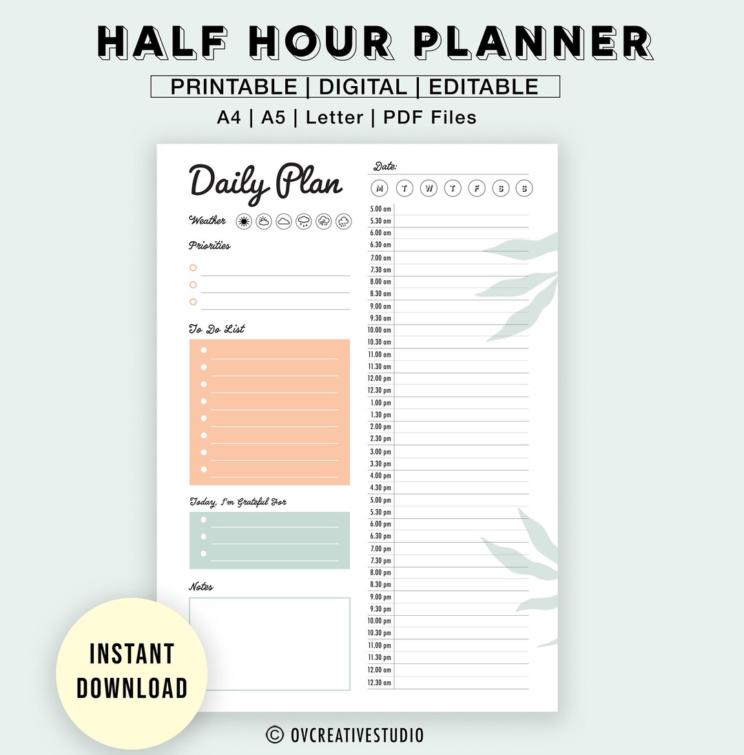 Half Hour Daily Planner Schedule | Printable Daily Planner, to Do List ...