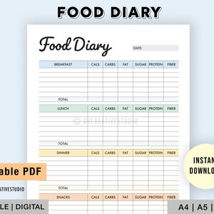 Editable Food Diary | Printable Food Journal | Diet Log | Daily Food Journal, Fitness Diet | Meal Journal | Meal Tracker, Calorie Tracker