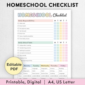 Editable Homeschool Checklist | Printable, Digital | Homeschool Planner, Daily Schedule for Kids, Schoolday Routine, Student Template | PDF