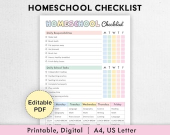 Editable Homeschool Checklist | Printable, Digital | Homeschool Planner, Daily Schedule for Kids, Schoolday Routine, Student Template | PDF