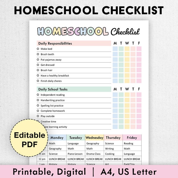 Editable Homeschool Checklist | Printable, Digital | Homeschool Planner, Daily Schedule for Kids, Schoolday Routine, Student Template | PDF