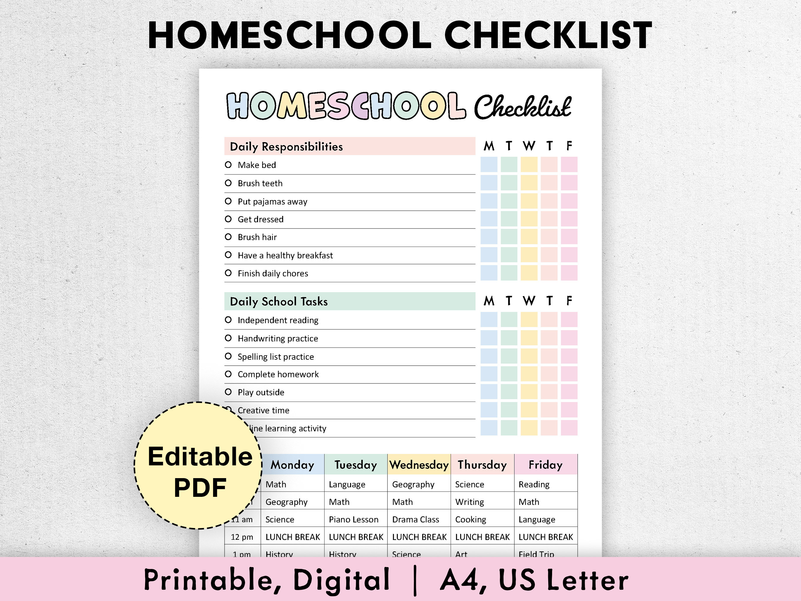 Editable Homeschool Checklist | Printable, Digital | Homeschool Planner, Daily  Schedule for Kids, Schoolday Routine, Student Template | PDF - Etsy