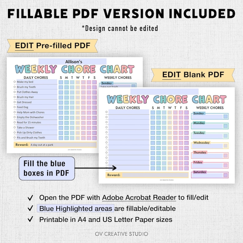 Editable Chore Chart for Kids | Printable | Kids Daily Weekly ...