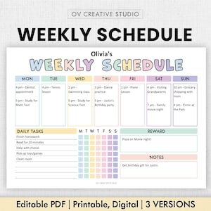 May include: A colorful weekly schedule template for kids with a pastel color scheme. The template includes a daily tasks section, a reward section, and a notes section. The template is designed to help kids stay organized and on track with their daily activities.