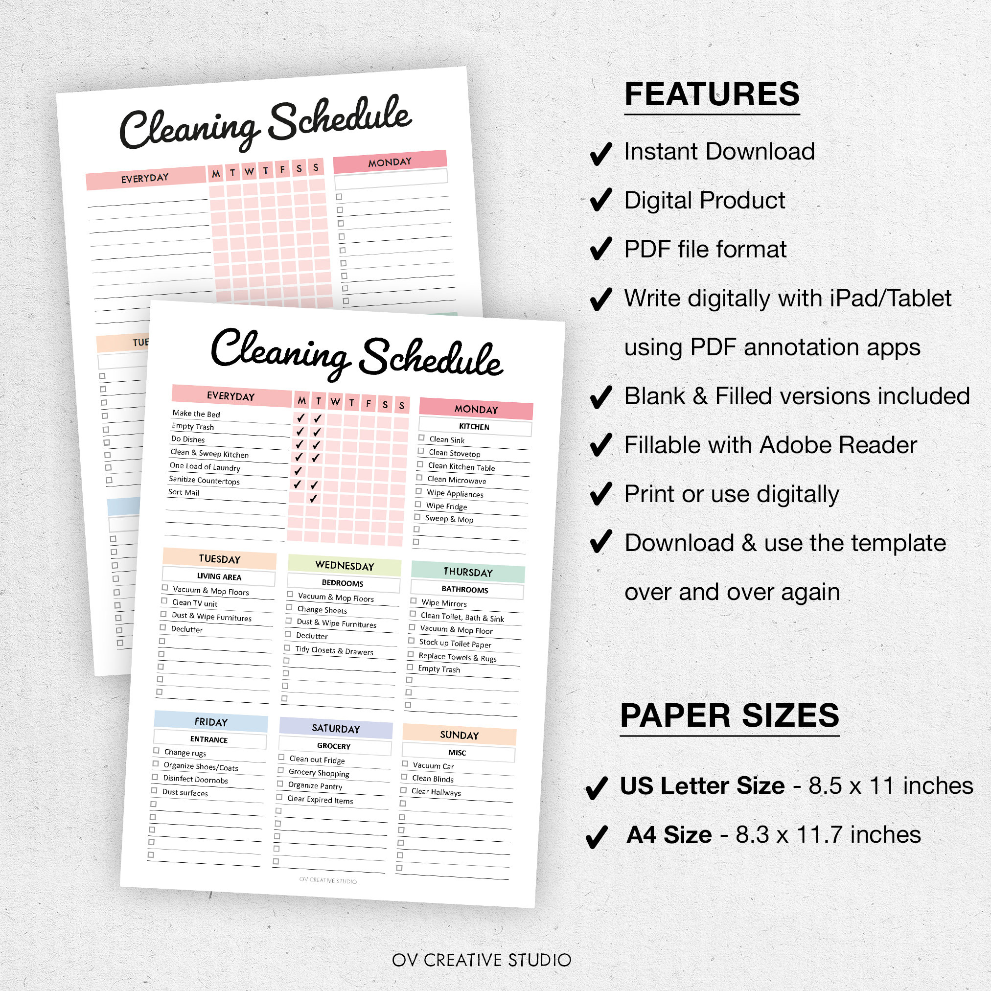 EDITABLE Cleaning Schedule | Printable Cleaning Checklist, Weekly ...