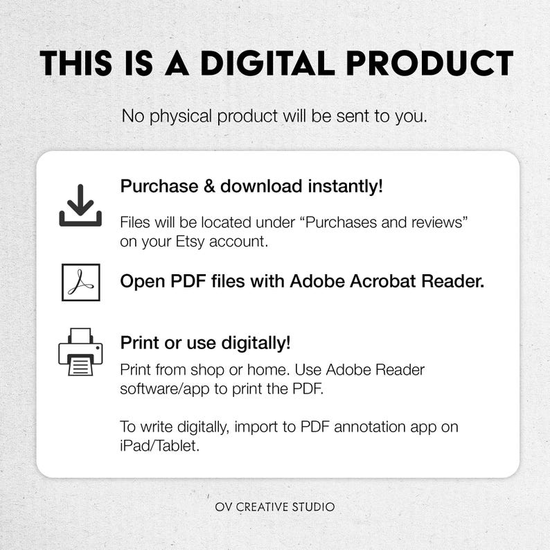 May include: White digital product information card with black text. The card states "THIS IS A DIGITAL PRODUCT" and provides instructions for purchase, download, and use. Includes the text "OV CREATIVE STUDIO".