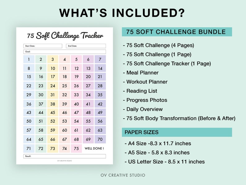 Editable 75 Soft Challenge Tracker Bundle Printable Daily 75 Soft Challenge journal Tracker Rainbow Habit Tracker Digital Tracker image 6