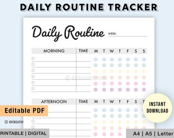 Editable Daily Routine | Printable | Daily Checklist | Morning Routine | Habit Tracker | Routine Planner | Daily Routine Checklist | PDF