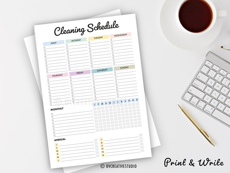 May include: A printable cleaning schedule with sections for daily, weekly, monthly, and annual tasks. The schedule is divided into days of the week and includes a calendar grid for monthly and annual tasks. The text "Print & Write" is at the bottom of the page.