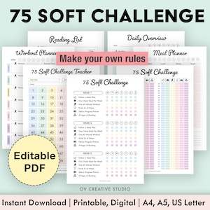 Op de afbeelding: Een printbare 75 Soft Challenge tracker met een pastelkleurenschema. De tracker bevat secties voor een leeslijst, een trainingsplanner, een dagelijks overzicht, een maaltijdplanner en een 75 Soft Challenge tracker. De tekst "Maak je eigen regels" staat in een roze kader bovenaan de pagina. De tekst "Bewerkbaar PDF" staat in een gele cirkel onderaan de pagina.