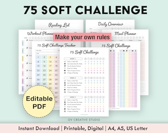 Editable 75 Soft Challenge Tracker Bundle | Printable | Daily 75 Soft Challenge journal | Tracker Rainbow | Habit Tracker | Digital Tracker