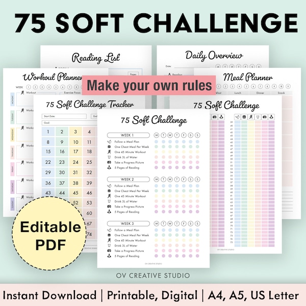 Pack modifiable de 75 suiveurs de défi souples | Imprimable | Journal quotidien 75 Soft Challenge | Traqueur arc-en-ciel | Suivi des habitudes | Traqueur numérique