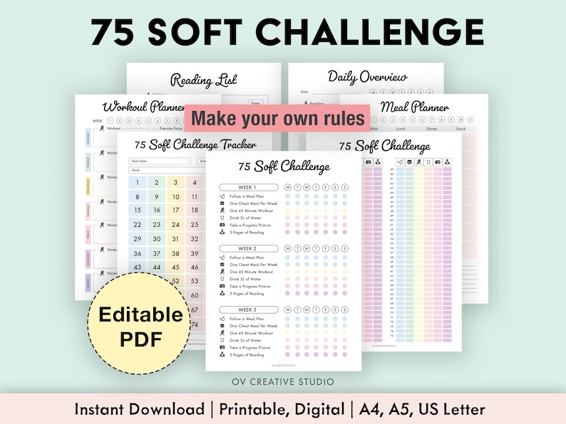 Editable 75 Soft Challenge Tracker Bundle Printable Daily 75 Soft Challenge journal Tracker Rainbow Habit Tracker Digital Tracker image 1