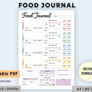 Editable Food Journal | Printable, Digital | Food Diary, Daily Food Journal, Fitness Diet | Meal Journal | Meal Tracker, Calorie Tracker