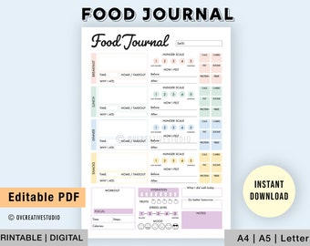 Editable Food Journal | Printable, Digital | Food Diary, Daily Food Journal, Fitness Diet | Meal Journal | Meal Tracker, Calorie Tracker