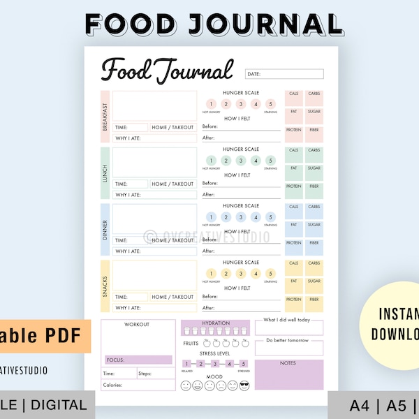Bewerkbare Food Journal | Afdrukbare, digitale | Voedingsdagboek, Dagelijks voedingsdagboek, Fitnessdieet | Maaltijd Journaal | Maaltijd Tracker, Calorie Tracker
