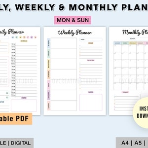 Editable Daily, Weekly, Monthly Planner | Printable Planner Bundle | To Do List | Daily Checklist | Colourful planner | Digital A4,A5,Letter