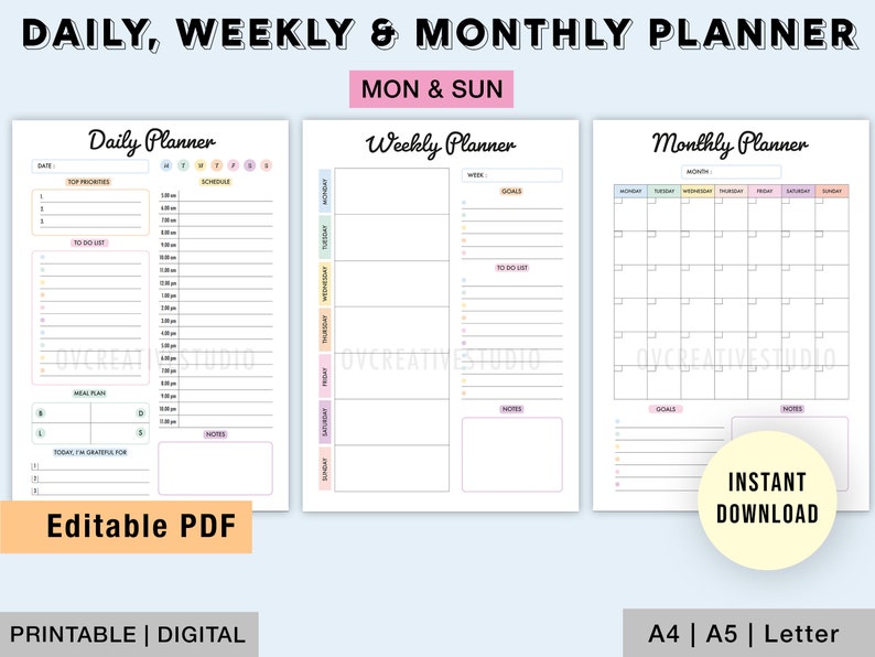 Editable Daily Weekly Monthly Planner Printable Planner - Etsy