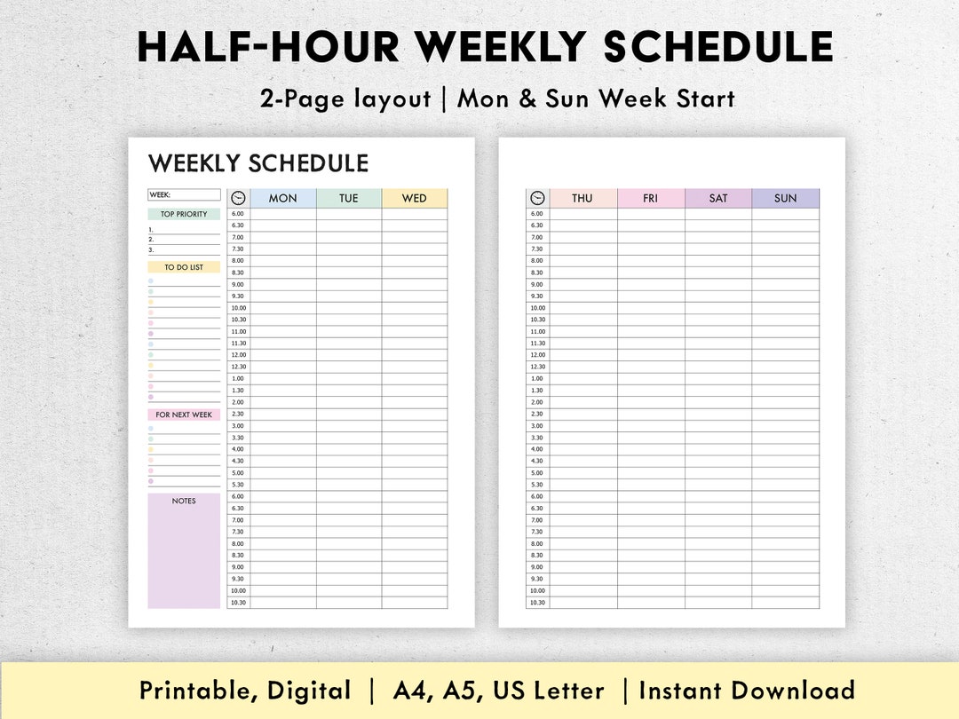 Editable Weekly Schedule | Half Hour Weekly Schedule | Weekly Planner ...