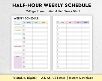 Editable Weekly Schedule | Half Hour Weekly Schedule | Weekly Planner Printable | Week At A Glance | Weekly To Do List | Digital PDF