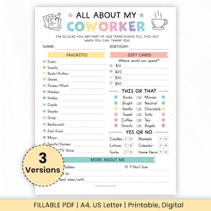 May include: A printable questionnaire titled ALL ABOUT MY COWORKER with pastel-coloured headers and icons. It includes sections for favourites, gift card preferences, this or that choices, yes or no checkboxes, and a 3 Versions badge in the corner.