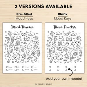May include: Two versions of a mood tracker are shown, one pre-filled and one blank. Both feature a black and white illustration of various sea creatures. The pre-filled version has mood keys: Happy, Calm, Energetic, Relaxed, Neutral, Sad, Stressed, and Anxious.