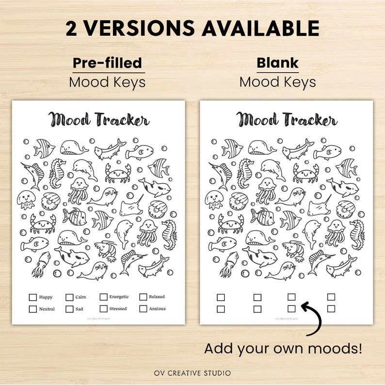 May include: Two versions of a mood tracker are shown, one pre-filled and one blank. Both feature a black and white illustration of various sea creatures. The pre-filled version has mood keys: Happy, Calm, Energetic, Relaxed, Neutral, Sad, Stressed, and Anxious.