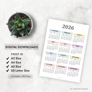 May include: A 2026 calendar with monthly layouts in pastel colors. The calendar is on a white background, with a small succulent plant in a pot in the upper left corner. Text includes "Digital Downloads" and print sizes.