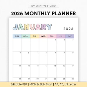 Calendario mensile 2026 / Stampabile, compilabile / Modello mensile datato / 2026 digitale / Ritratto, Verticale, Inserto diario 2026 / A4, A5, Lettera