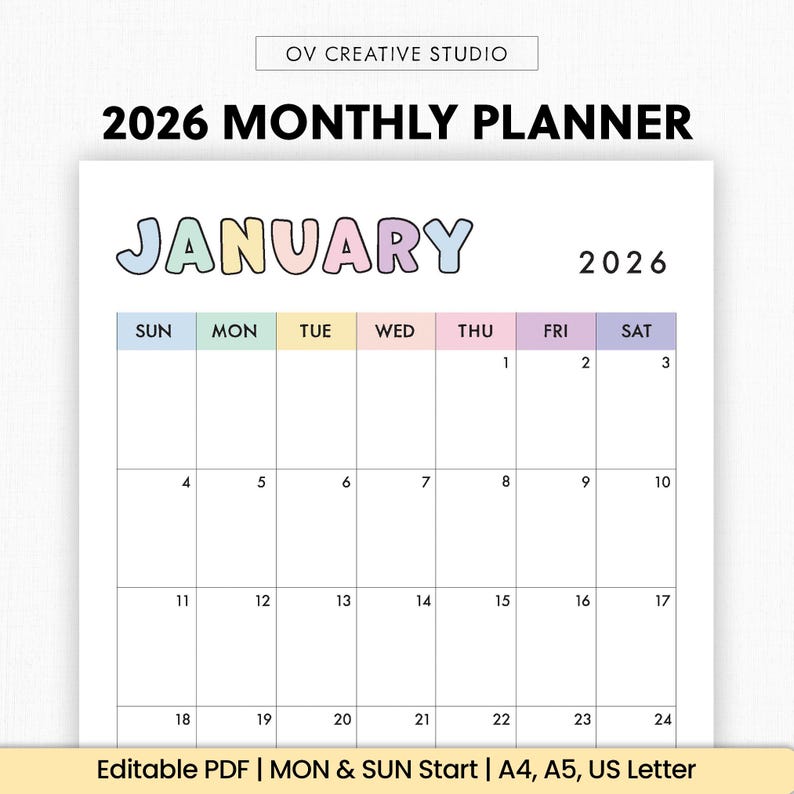 2026 Monthly Calendar | Printable, Fillable | Dated Monthly Template | 2026 Digital | Portrait, Vertical, 2026 Diary Insert | A4, A5, Letter image 1