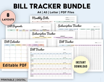 May include: A printable bill tracker bundle with 8 different layouts. The layouts include monthly bills, bill payments, bill calendar, subscription tracker, and bill tracker. The bundle is available in A4, A5, and letter sizes. The text "Editable PDF" and "Instant Download" is visible on the image.