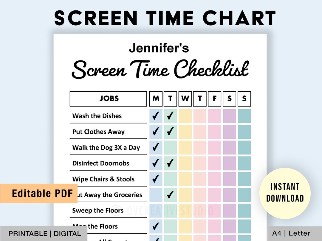 Editable Screen Time Chart Kids | Printable, Digital | Screen Time ...