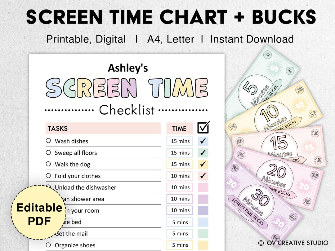 Editable Screen Time Chart, Printable Screen Reward Bucks, Reward Chart ...