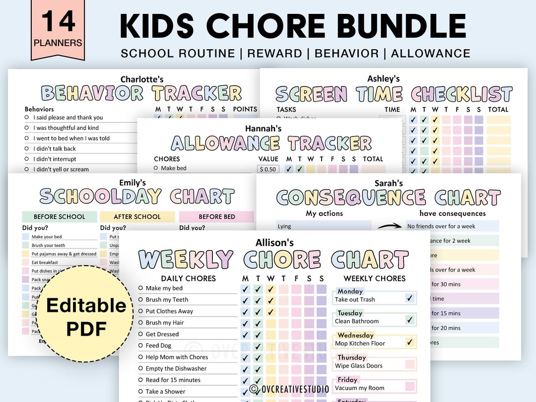 Editable Kids Chore Charts Reward Allowance Screen Time - Etsy