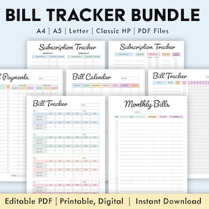 May include: A collection of printable bill tracker templates in PDF format. The templates include subscription trackers, bill payment logs, a bill calendar, and monthly bill organisers. Available in A4, A5, Letter, and Classic HP sizes.