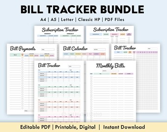 Editable Bill Payment Tracker Bundle | Monthly Bill Tracker Printable |  Subscription Tracker, Bill Log | Bill Payment Checklist Digital PDF