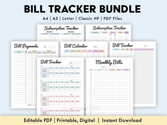 Editable Bill Payment Tracker Bundle | Monthly Bill Tracker Printable |  Subscription Tracker, Bill Log | Bill Payment Checklist Digital PDF