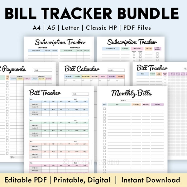 Bewerkbare Bill Payment Tracker-bundel | Maandelijkse factuurtracker afdrukbaar | Abonnementstracker, Bill Log | Factuur Betaling Checklist Digitale PDF