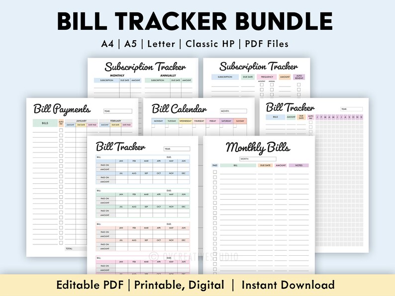 May include: A collection of printable bill tracker templates in PDF format. The templates include subscription trackers, bill payment logs, a bill calendar, and monthly bill organisers. Available in A4, A5, Letter, and Classic HP sizes.