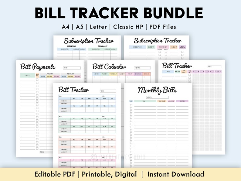 Editable Bill Payment Tracker Bundle Monthly Bill Tracker Printable Subscription Tracker, Bill Log Bill Payment Checklist Digital PDF image 1