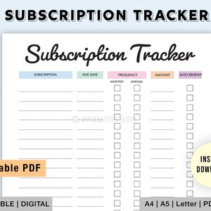 Editable Subscription Tracker | Printable Subscription Log | Expense Tracker | Planner Inserts | Digital | Fillable | A4 | A5 | Letter | PDF