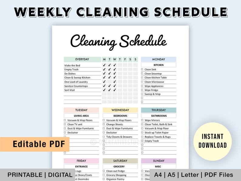 Editable Cleaning Schedule Printable Cleaning Checklist Weekly Cleaning Planner Chore List House Chores Digital PDF image 1