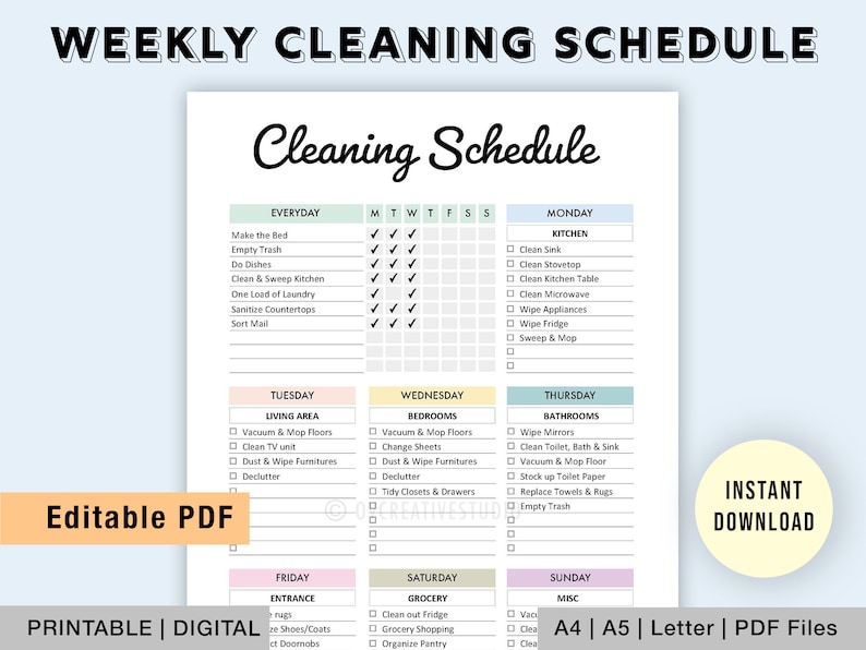 May include: Printable weekly cleaning schedule checklist in PDF format. The checklist is divided into daily, weekly, and monthly tasks. The checklist includes tasks such as making the bed, emptying the trash, doing dishes, cleaning the kitchen, doing laundry, and more.