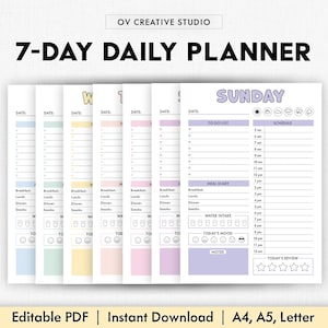 May include: A printable 7-day daily planner with a light purple, light blue, light yellow, and light pink color scheme. Each day has a to-do list, schedule, meal diary, water intake tracker, mood tracker, and notes section. The Sunday page also has a section for a daily review.