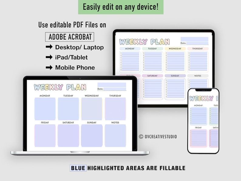Puede incluir: Una plantilla de planificador semanal digital con colores pastel y un &aacute;rea resaltada en azul para rellenar notas. La plantilla se muestra en la pantalla de una computadora port&aacute;til, una tableta y un tel&eacute;fono. El texto "WEEKLY PLAN" est&aacute; en la parte superior de la plantilla. El texto "BLUE HIGHLIGHTED AREAS ARE FILLABLE" est&aacute; en la parte inferior de la imagen.