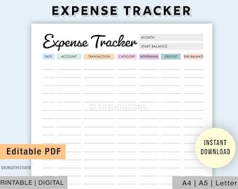 May include: Printable expense tracker with columns for date, account, transaction, category, withdrawal, deposit, and end balance. The tracker has a light blue, pink, and peach color scheme.