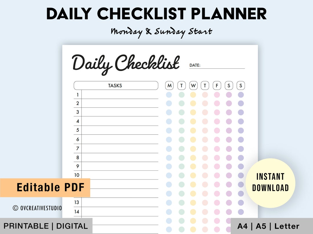 Editable Daily Checklist Printable Weekly To Do List Weekly Checklist editable-daily-checklist-printable-weekly-to-do-list-weekly-checklist