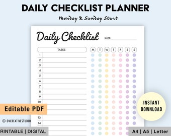 Bearbeitbare tägliche Checkliste | Druckbare Wöchentliche To Do Liste | Wöchentliche Checklistenvorlage | Daily Task Planner Vorlage | Tägliche Routine PDF