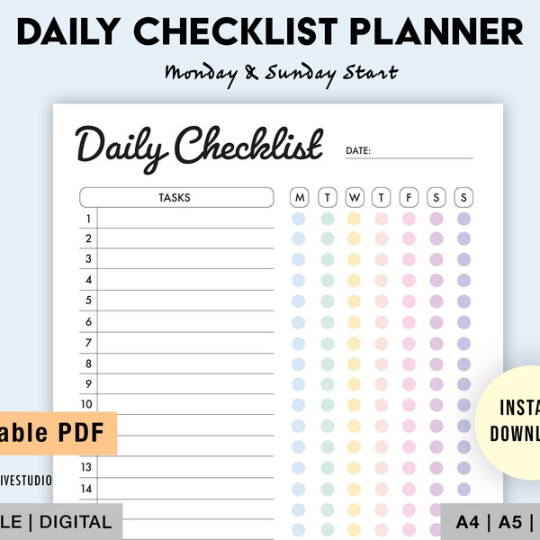 Editable Daily Checklist | Printable Weekly To Do List | Weekly Checklist Template | Daily Task Planner Template | Daily Routine PDF